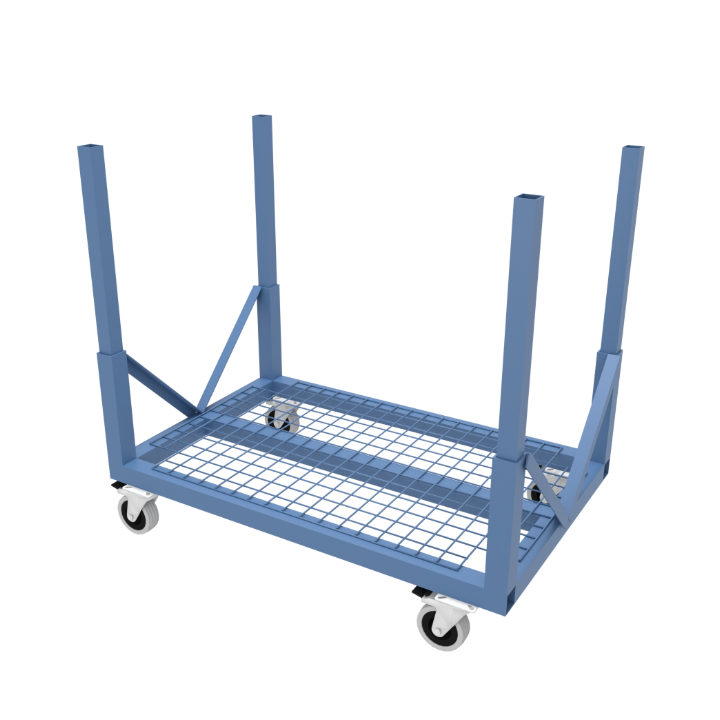 Blue V Cart Pipe Trolley featuring a mesh base, castor wheels & removable legs.
