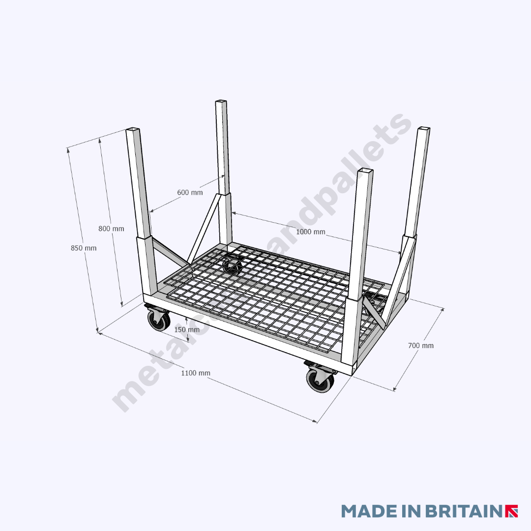 Technical drawing of v cart pipe trolley wth removable legs featuring Made In Britain logo.