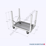 Technical drawing of v cart pipe trolley wth removable legs featuring Made In Britain logo.