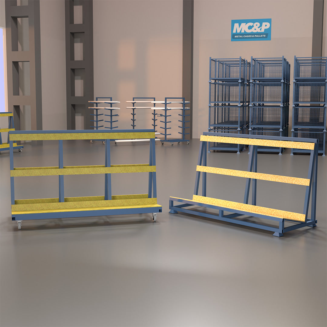 Blue long a frame stillages with castor wheels inside of mc&p warehouse.