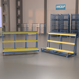 Blue long a frame stillages with castor wheels inside of mc&p warehouse.