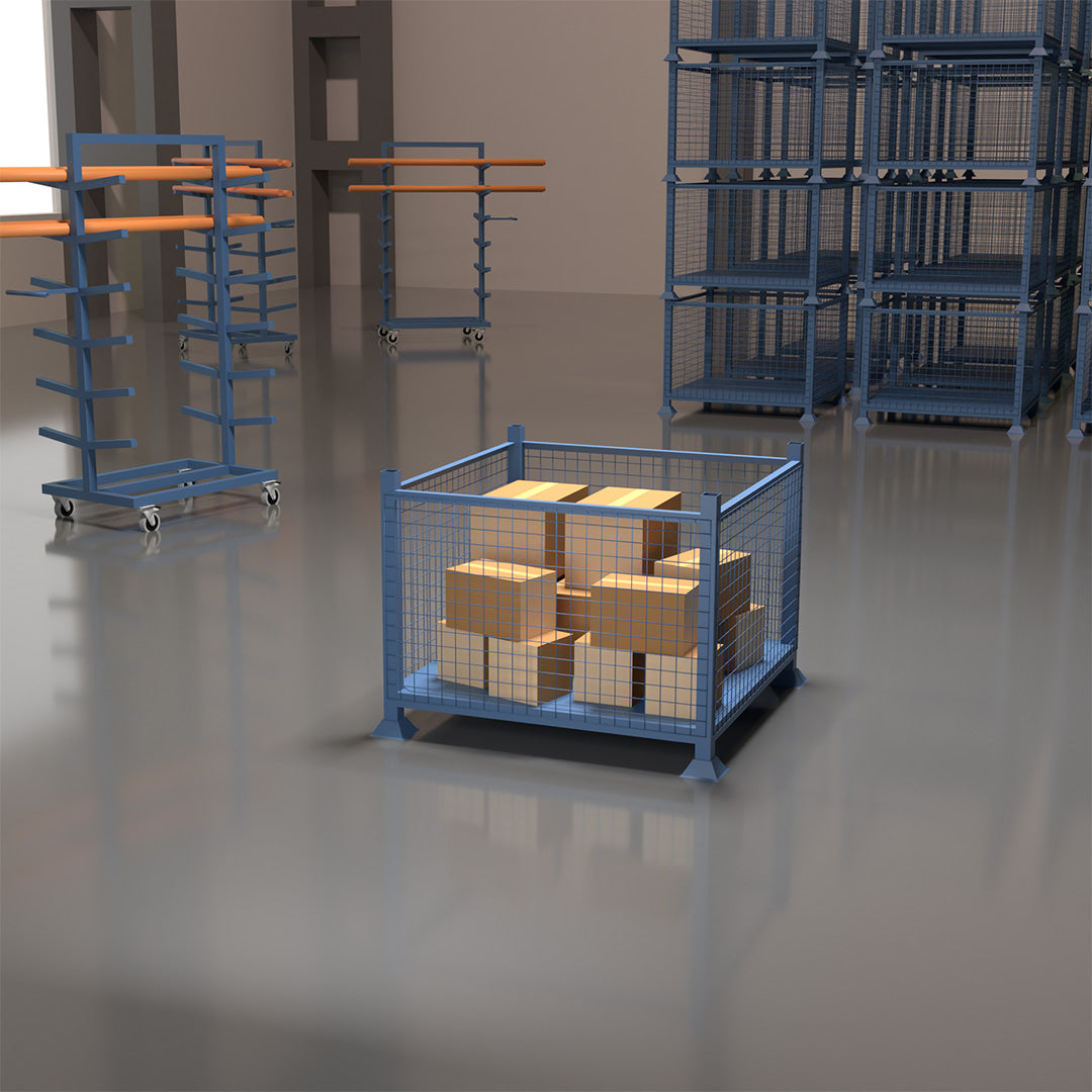 Blue mesh stillage storage box with pipe rack and stacked stillages inside of mc&p warehouse.
