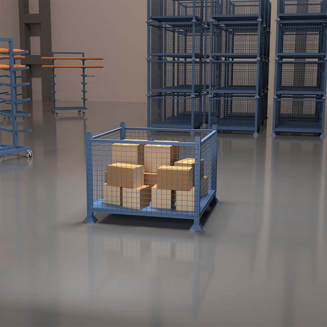 Blue mesh stillage storage boxes inside mc&p warehouse.