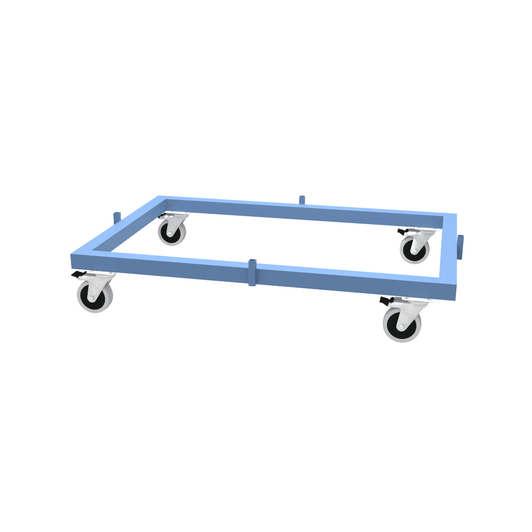 CAD drawing of euro pallet dolly trolley with x4 heavy duty swivel castors each with braking facility