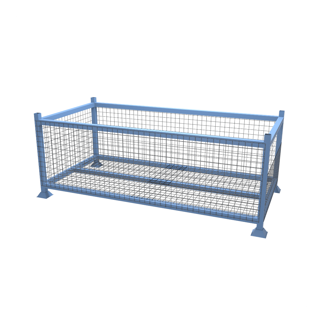 Cad drawing of mesh stillage cage with mesh base and is expertly engineered for the storage, handling and transportation of large, heavy-duty products