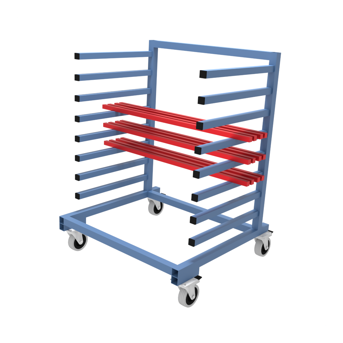 Single sided blue mobile cantilever trolley featuring castor wheels with longer length items stored.