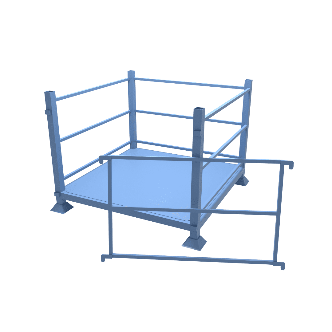 CAD drawing of stackable stillage crates with braced sides and hinged door which saves space efficiently and effectively in your workplace