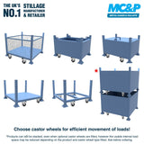 Caster wheels fitted to our range of blue stillages for efficient movement of loads.