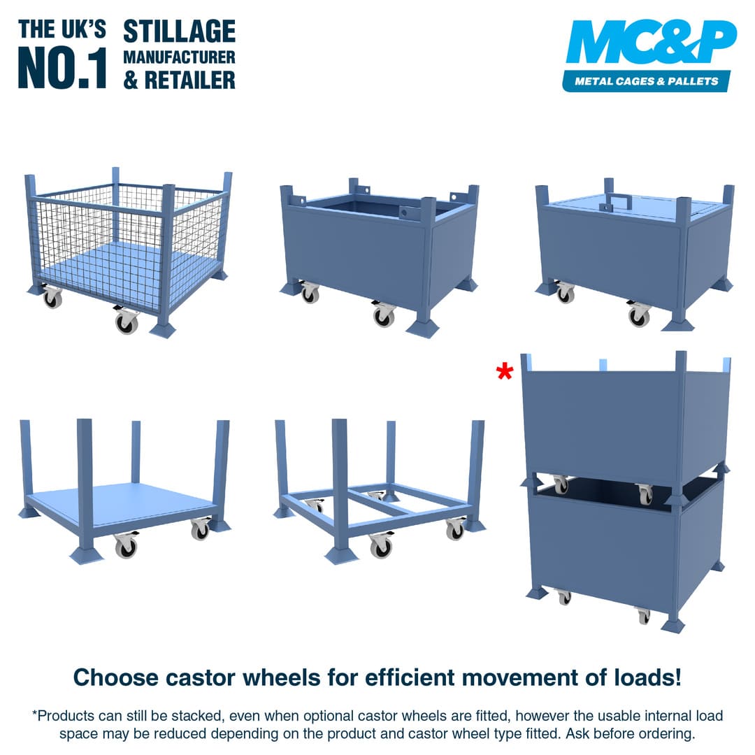Optional stillage castor wheels can be fitted by MC&P for efficient movement of loads.