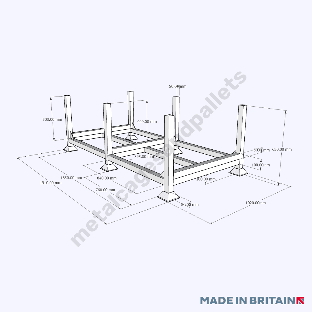 Front view technical drawing double width metal post pallet.