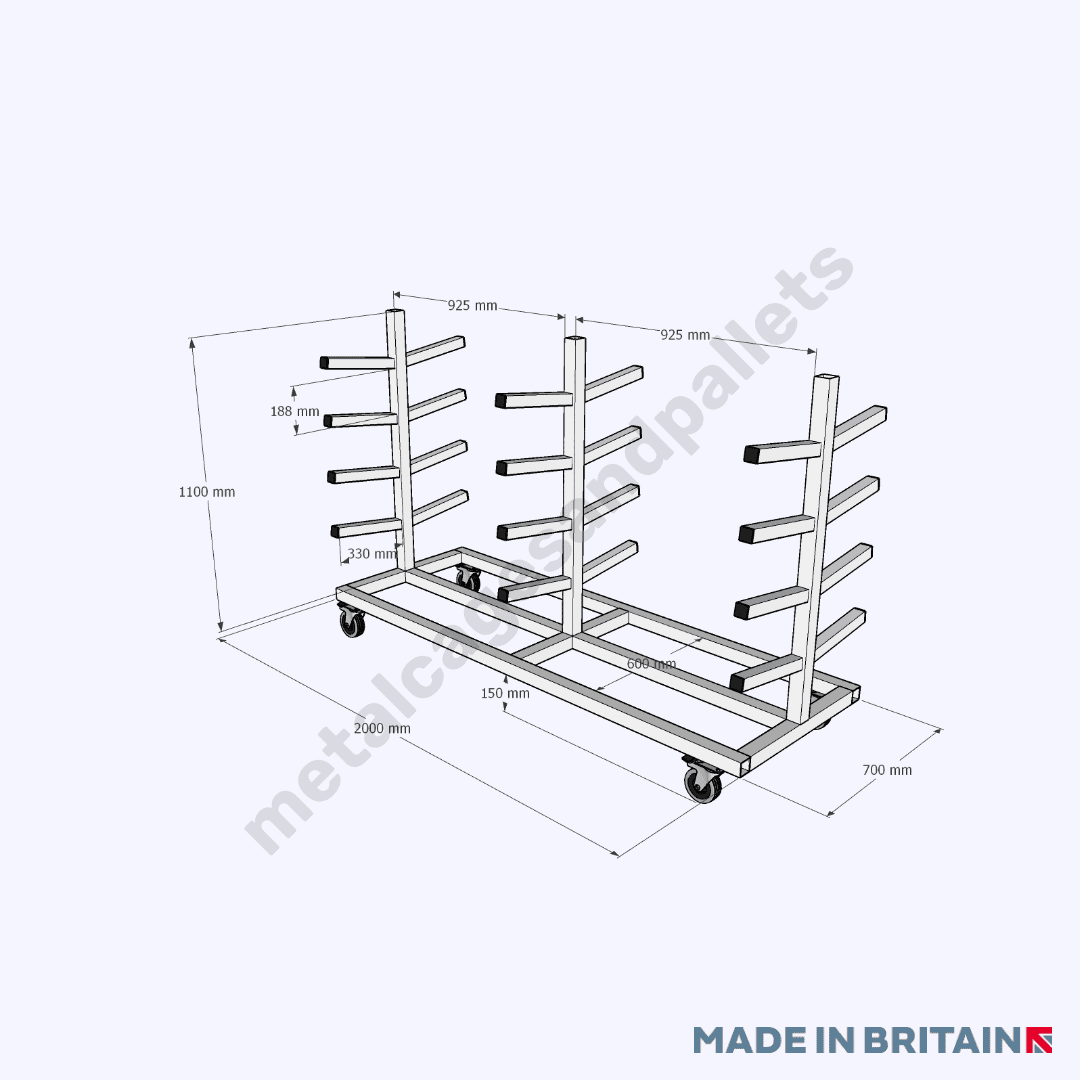 Technical drawing of large mobile pipe stillage trolley with castor wheels.