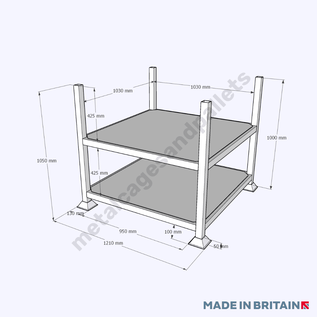Technical drawing of two tier metal post pallet stillage.