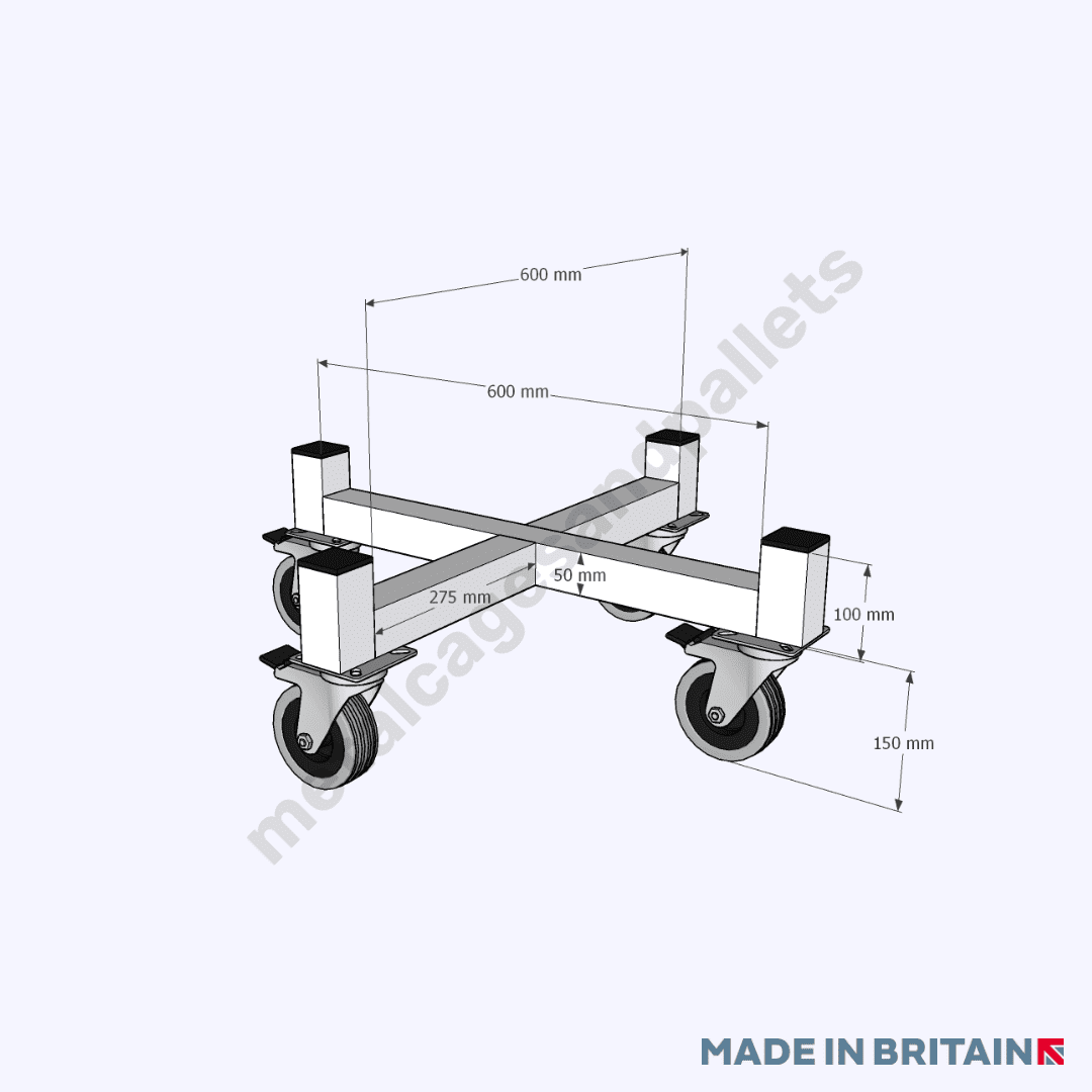Technical drawing of 4 wheeled drum dolly trolley stillage with castor wheels.