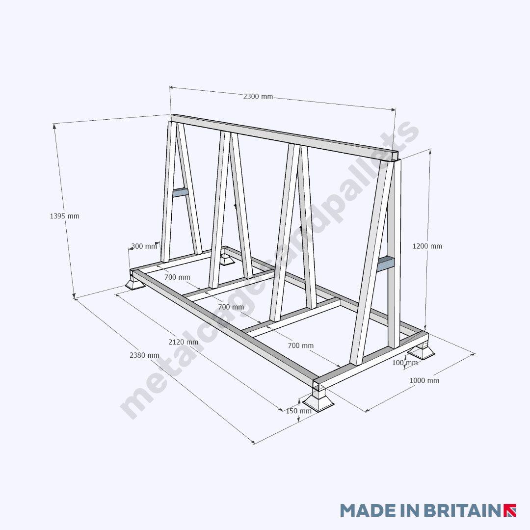 Front view of technical drawing of basic heavy-duty A Frame stillage