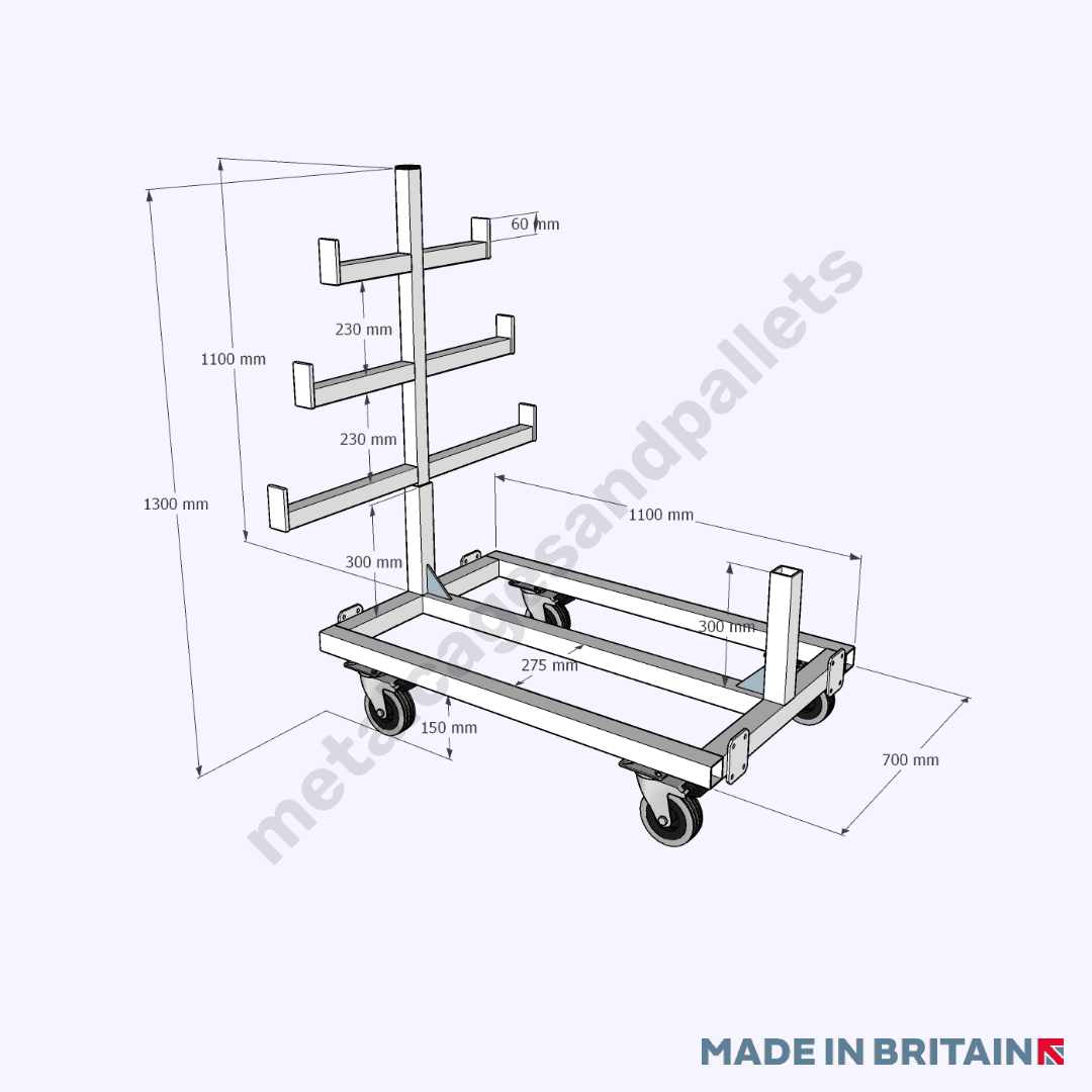 Technical drawing of connecting pipe trolley stillage with castor wheels.