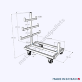 Technical drawing of connecting pipe trolley stillage with castor wheels.