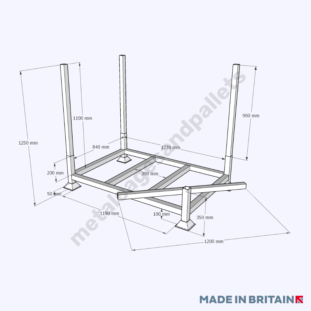 Technical drawing of demountable metal steel heavy duty post pallet with 1-3 legs.
