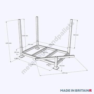 Technical drawing of demountable metal steel heavy duty post pallet with 1-3 legs.