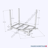 Technical drawing of demountable metal steel heavy duty post pallet with 1-3 legs.