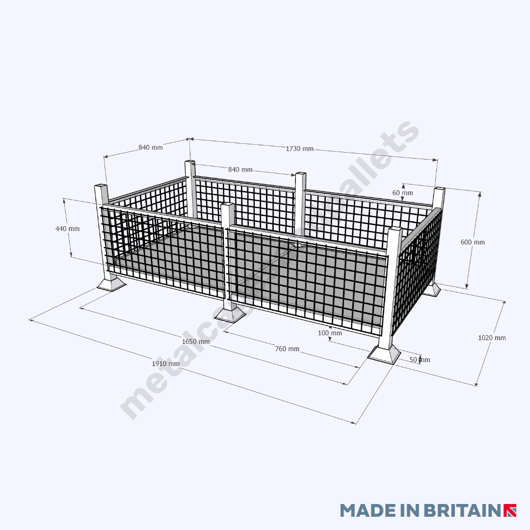 Measurements of double width mesh stillage for your heavy-duty products, materials and equipment