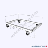 Technical drawing of euro pallet dolly trolley stillage with castor wheels.