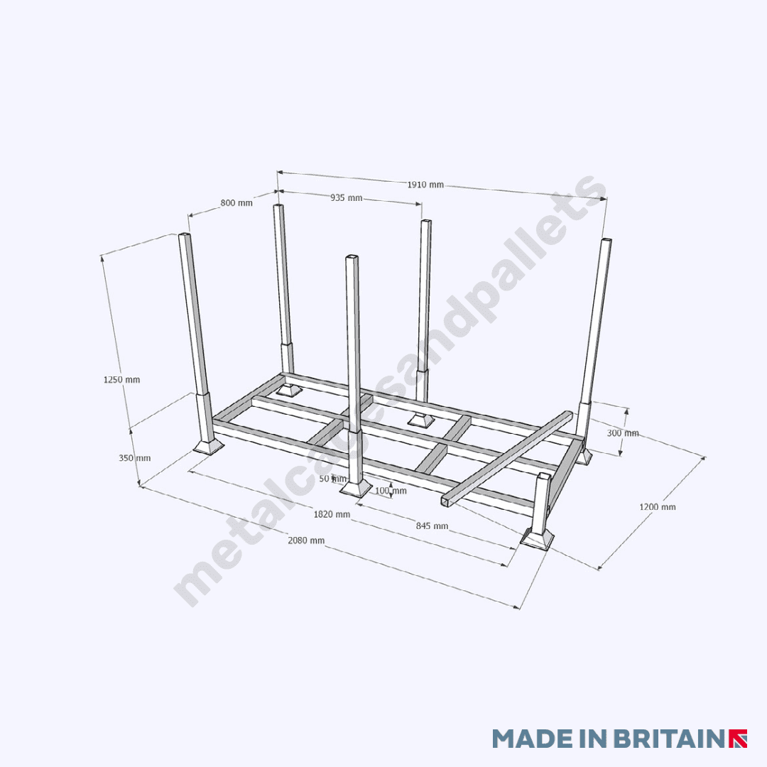 Technical drawing of extended metal post pallet stillage.