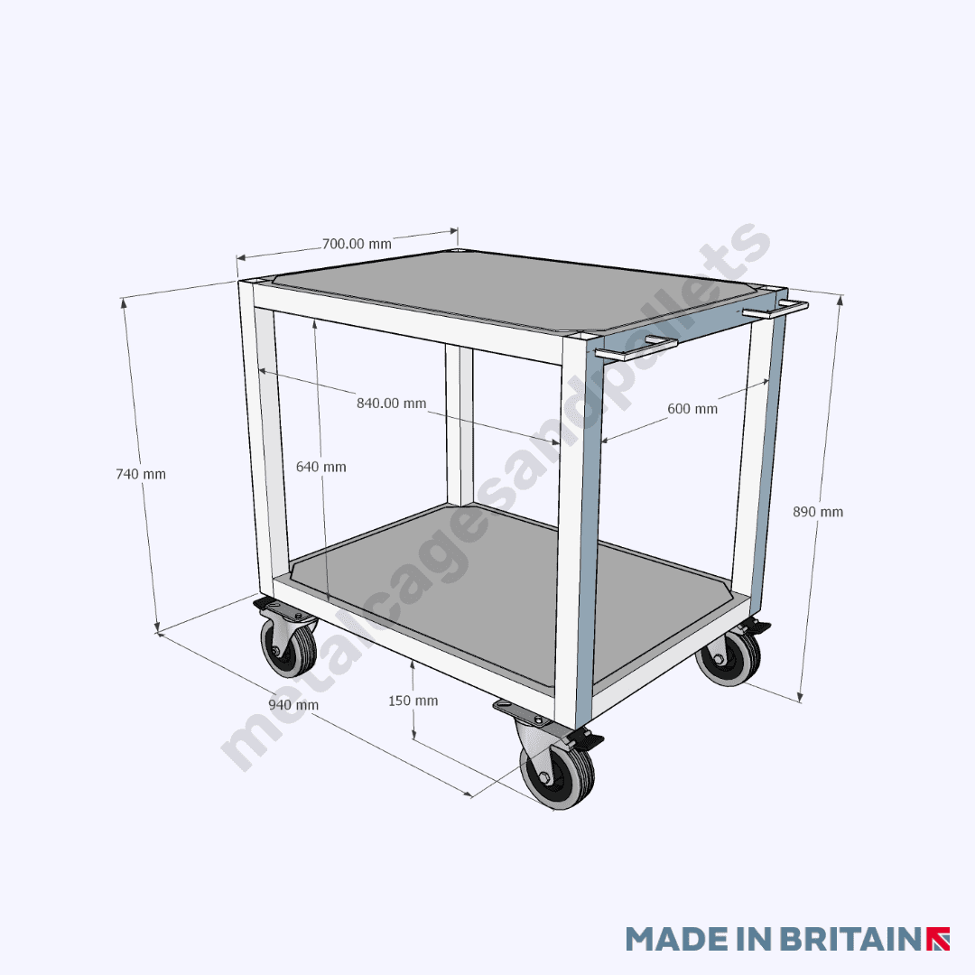 Technical drawing of heavy duty two tier table trolley.