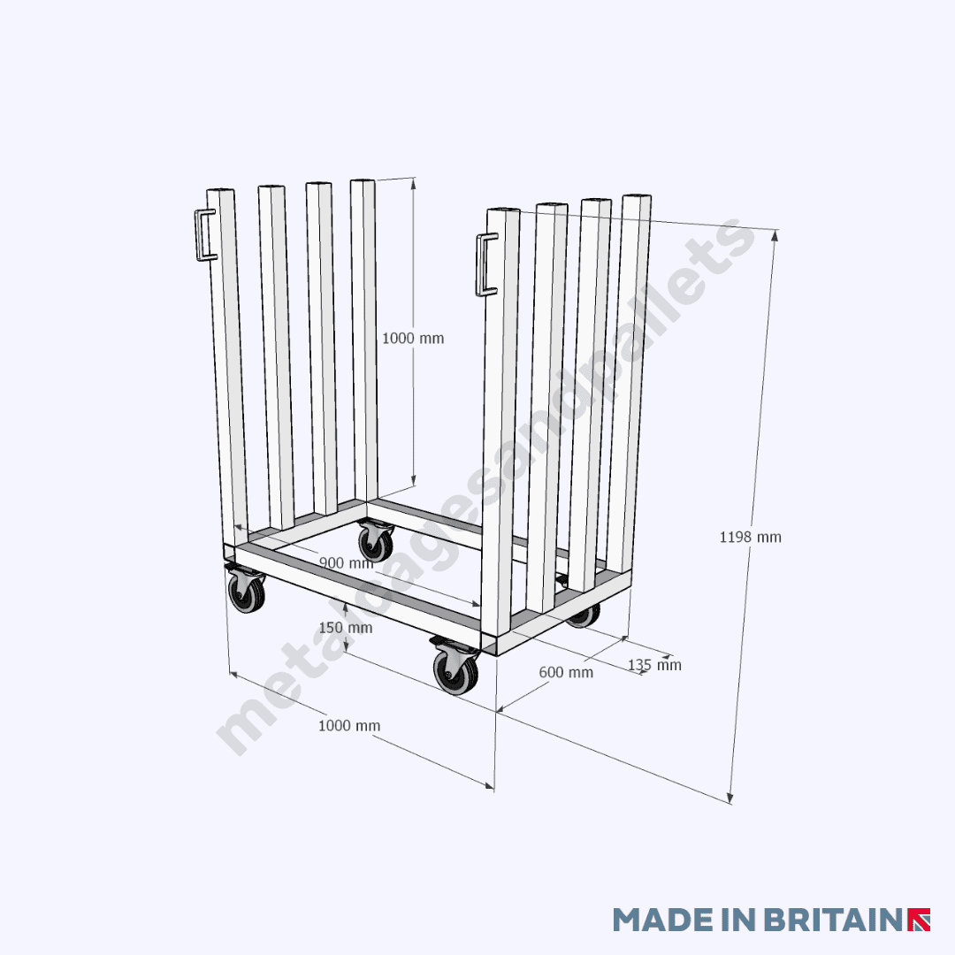 Technical drawing of heavy duty sheet board material handling trolley.
