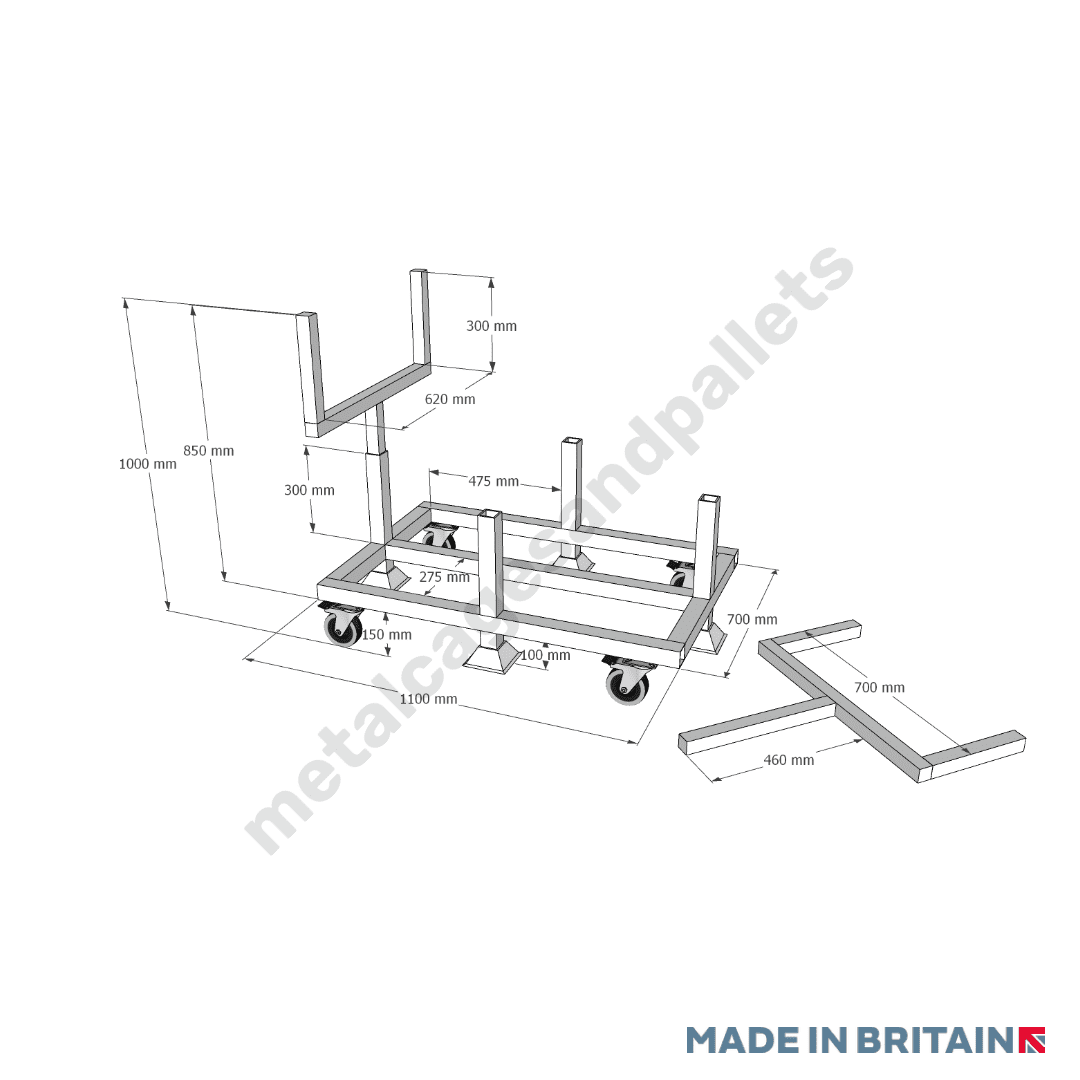 Technical drawing of heavy duty pipe bar trolley with castor wheels.