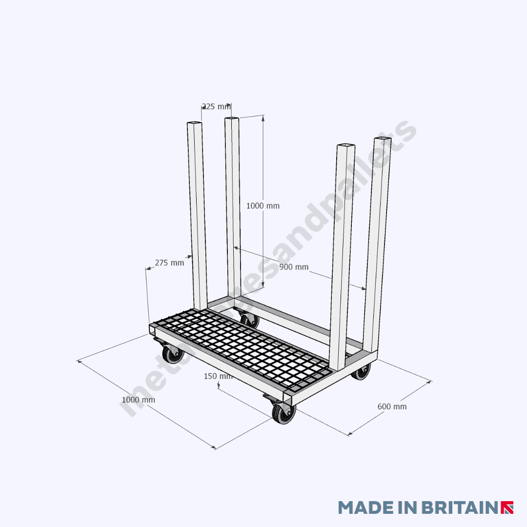 Technical drawing of heavy duty sheet board material handling trolley measuring with castor wheels.