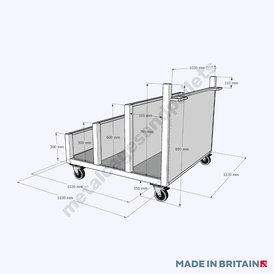 Technical drawing of heavy duty sheet board trolley with castor wheels.