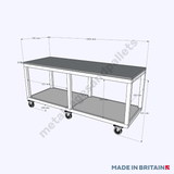 Heavy-duty workbench with castor wheels and measurements