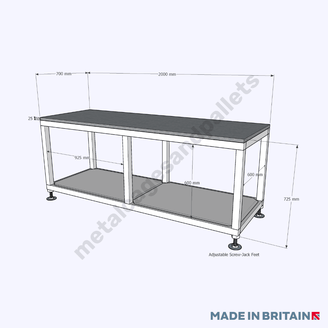 Heavy-duty workbench with feet and measurements