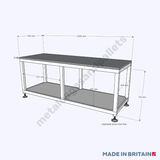 Heavy-duty workbench with feet and measurements