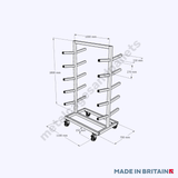 Technical drawing of large pipe trolley stillage with castor wheels.
