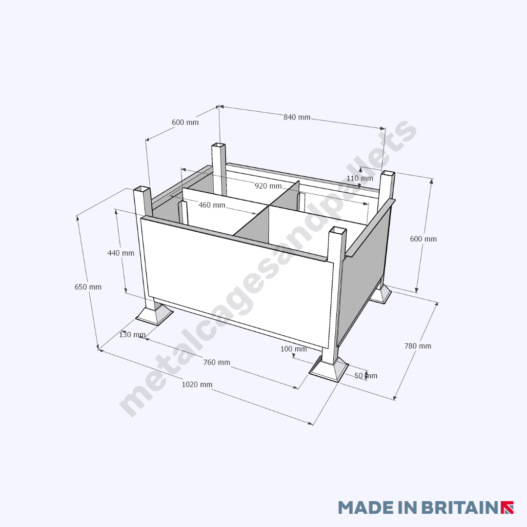 Technical drawing of metal stillage with solid sides and removable internal partitions.