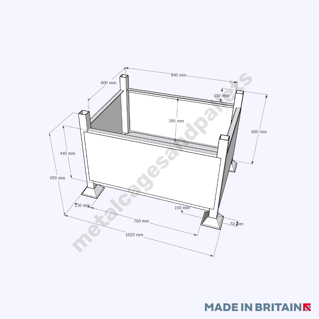 Technical drawing of metal stillage with solid siides.