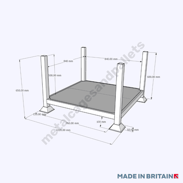 Technical drawing of open metal steel post stillage with solid base.