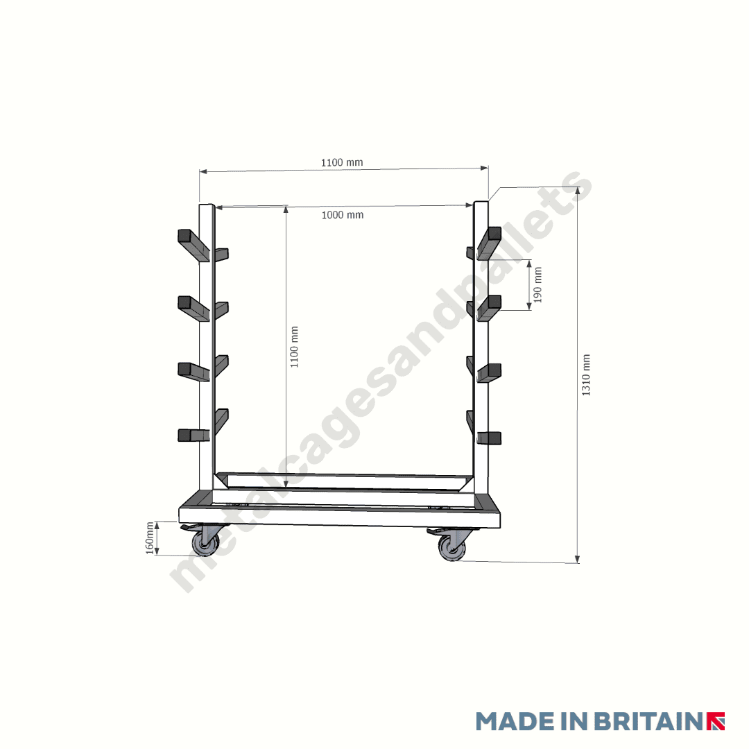 Technical drawing of pipe trolley stillage with castor wheels fitted.