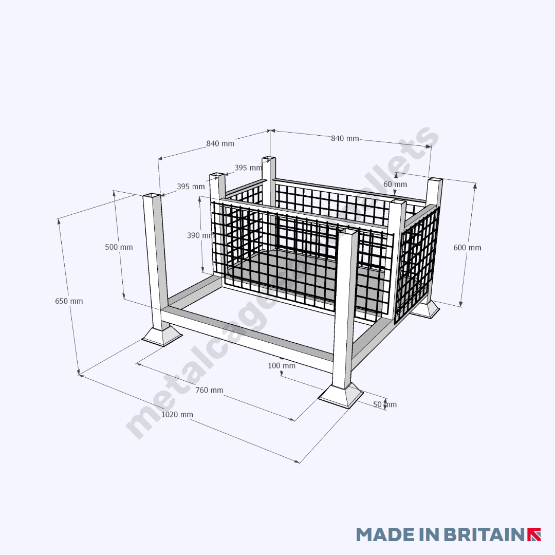 Measurements of post pallet mesh storage stillage which offers generous capacity for longer, heavy-duty materials such as pipes, rods, scaffolding and tubing, whilst storing fittings and accessories neatly alongside for easy access when needed on site