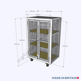 Front view technical drawing of double door parcel cage featuring Made In Britain logo.