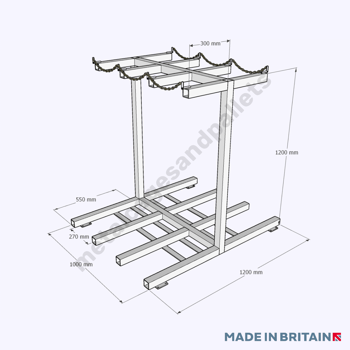 Technical drawing of gas cylinder stand (6 cylinder model) with ground fixing brackets.
