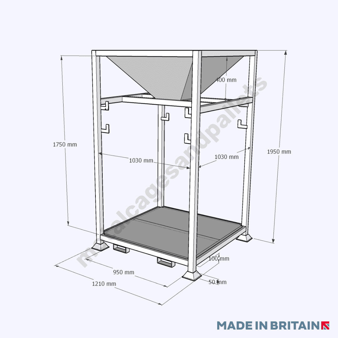 Front view technical drawing of strong Free Standing Bulk Bag Tonne Bag Filling Hopper