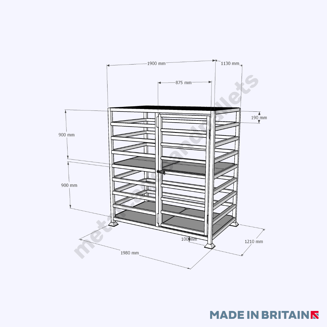 Front view technical drawing of heavy-duty Free Standing Gas Bottle Cylinder Storage Cage with Shelf