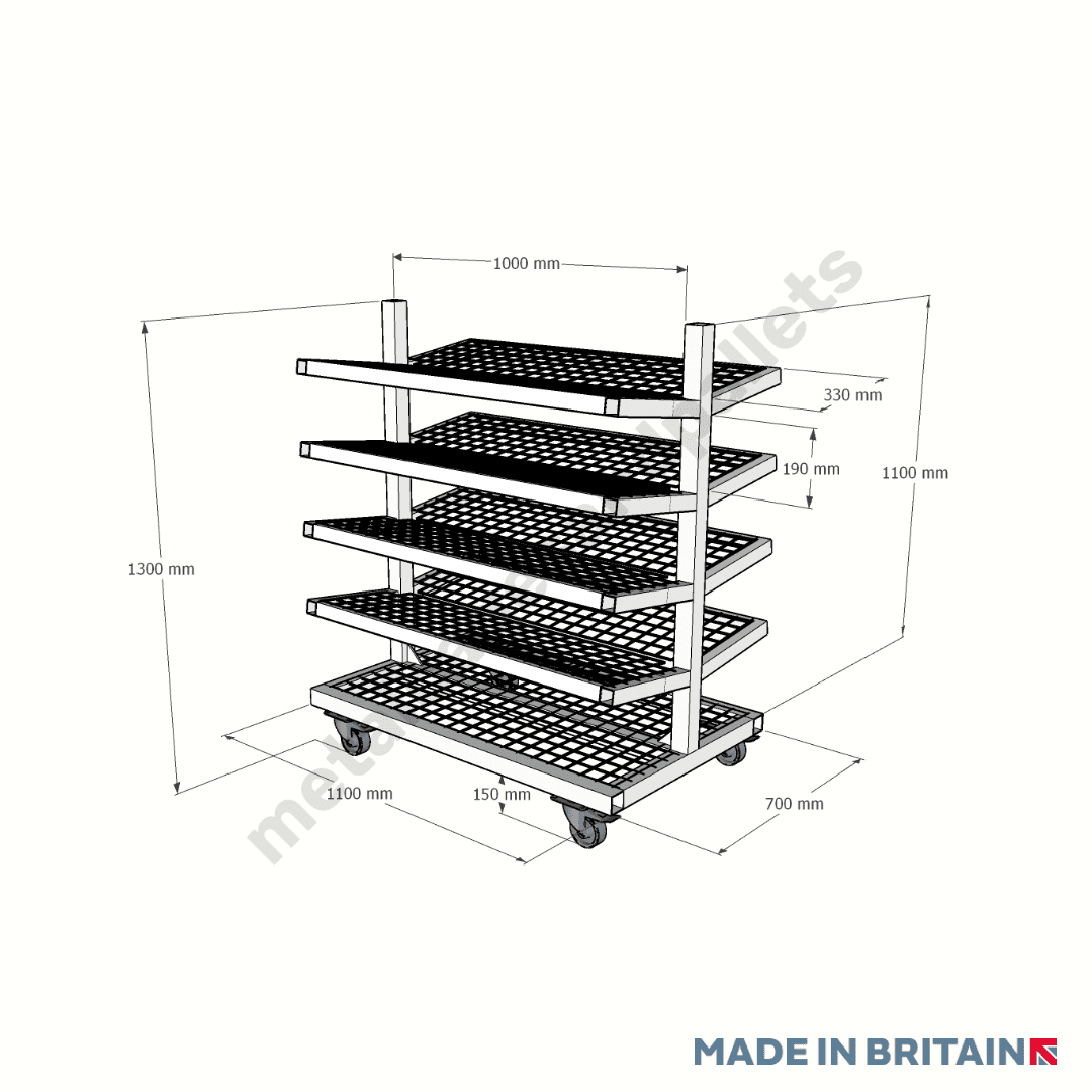 Technical drawing of heavy duty pipe trolley stillage with mesh shelves and castor wheels.