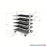 Technical drawing of heavy duty pipe trolley stillage with mesh shelves and castor wheels.