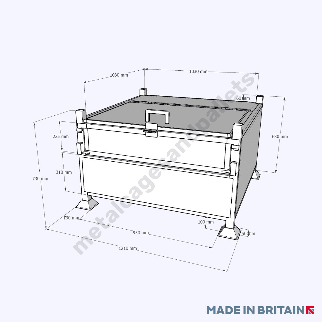 Front view technical drawing of reliable Lockable Stillage with Solid Sides Half Drop Front Door and Lid
