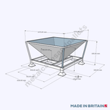 Front view technical drawing of MC&P's convenient Stillage Filling Hopper 