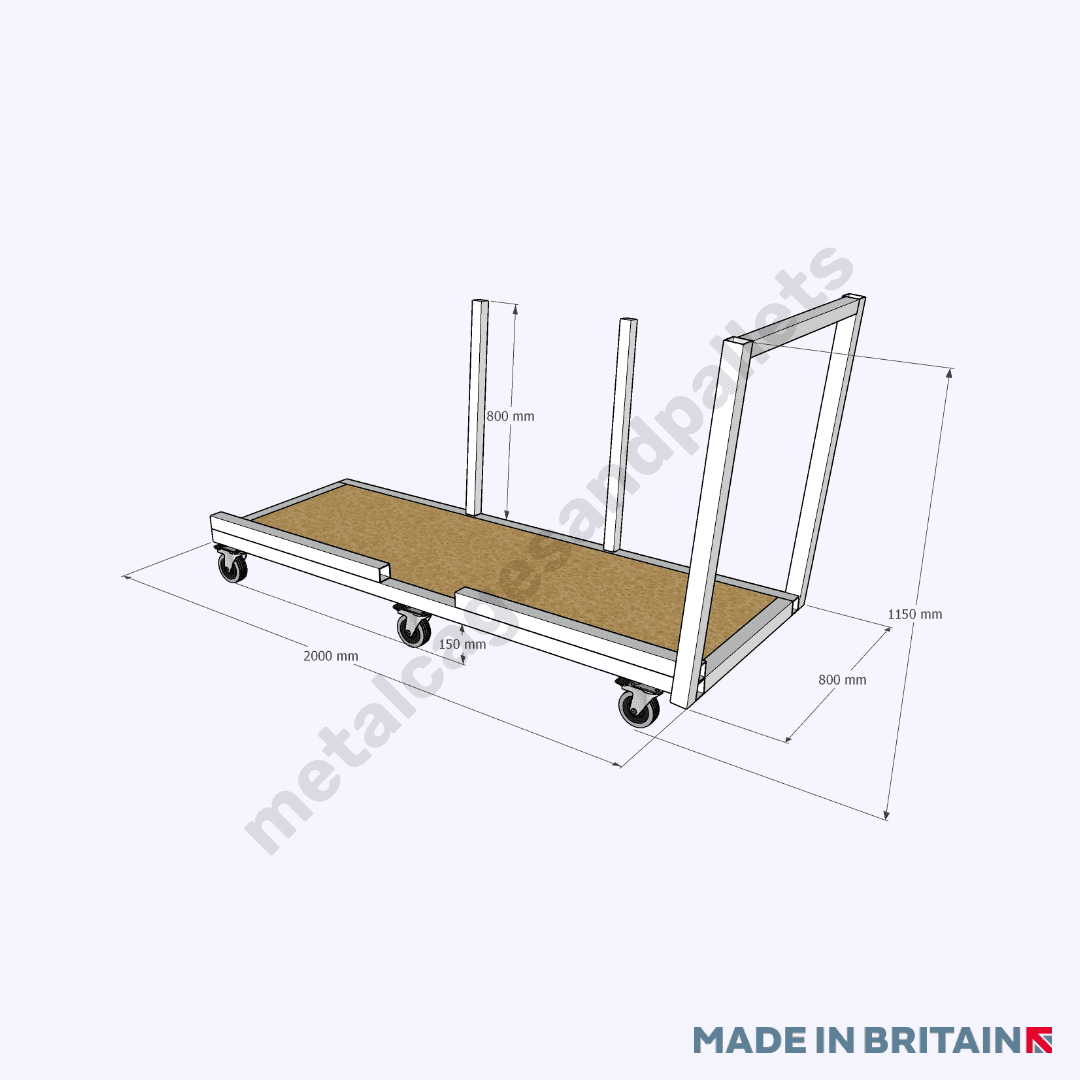 Technical drawing of sheet material handling trolley with castor wheels.