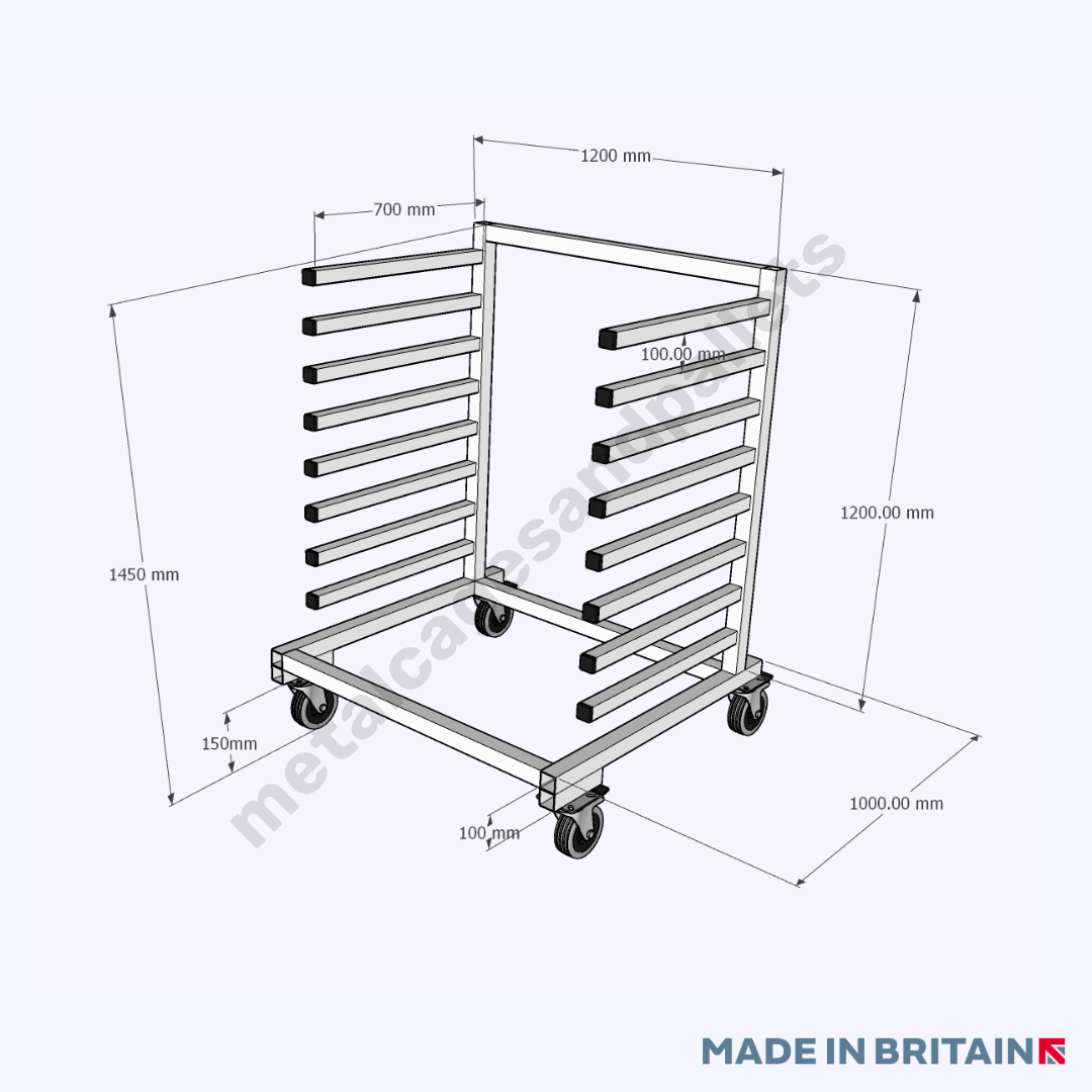 Technical drawing of a single sided mobile cantilever trolley with multiple horizontal steel rods on a set of castor wheels